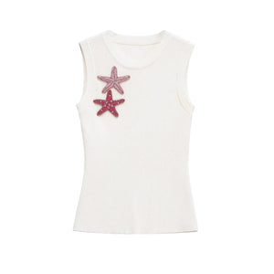 Women's European and American style star decoration round neck sleeveless vest | MuddyStock Originals Beige