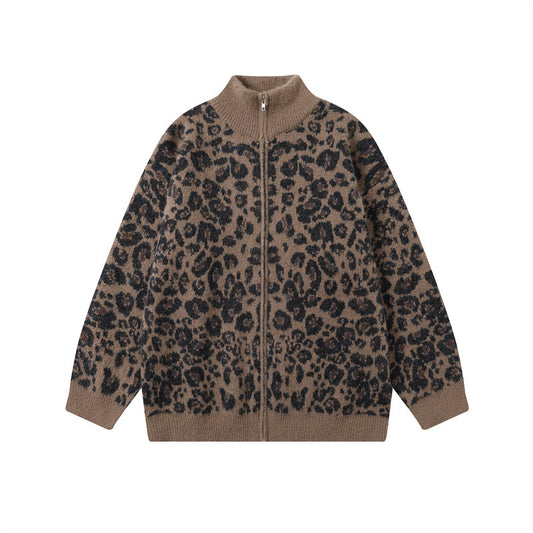 Leopard print stand up collar cardigan men's and women's knitted jacket