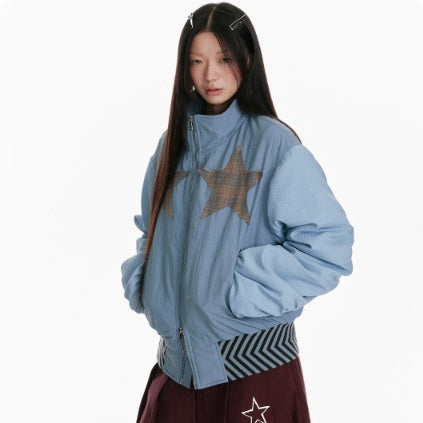 Stand Up Collar Splicing Double Zipper Women's Jacket