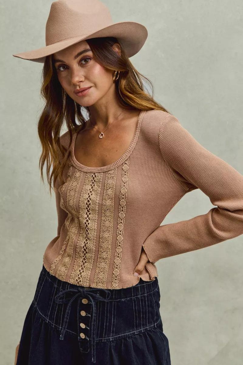 Vintage Washed Lace Crop Thermal Washed Knit Top