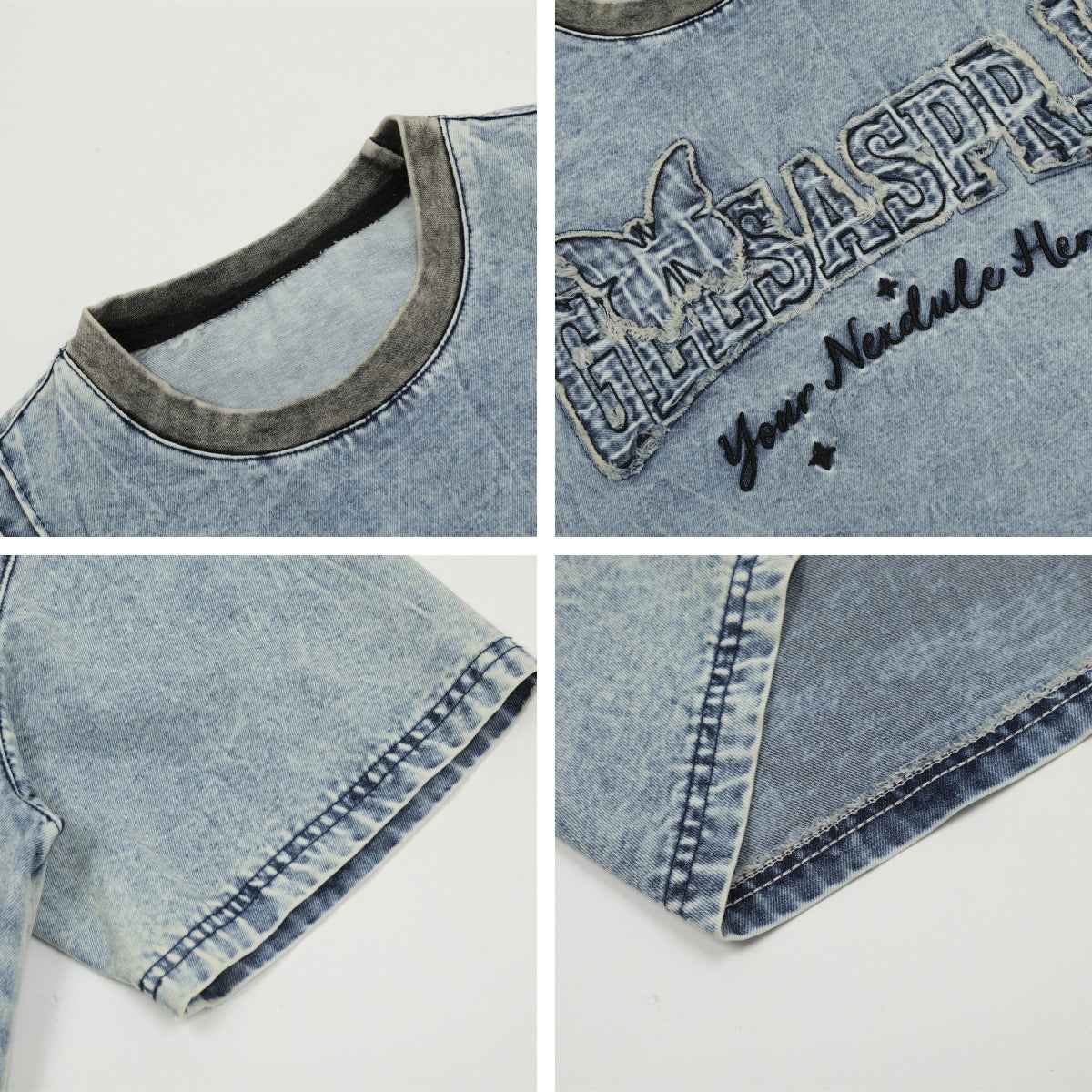 Retro Butterfly Letter Patch Embroidery Denim Short Sleeve T-Shirt For Men And Women | MuddyStock Originals MuddyStock