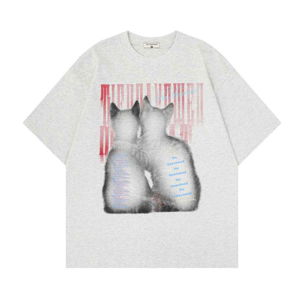 Two cats printed pure cotton t-shirt for women | MuddyStock Originals
