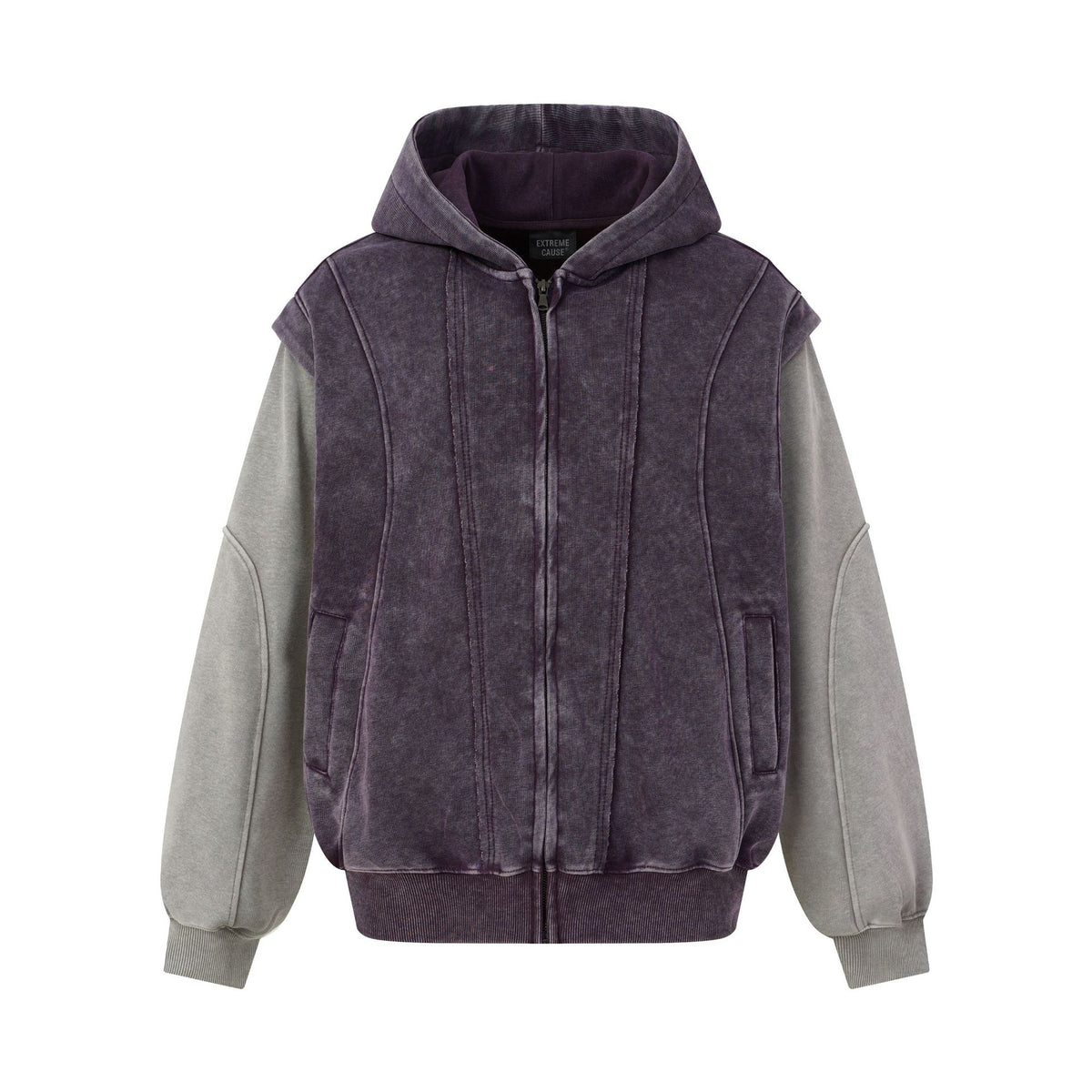 Washed Distressed Deconstructed Color Block Zip Front Hooded Loose Fit Fake Two-Piece Spliced Men's Jacket Purple