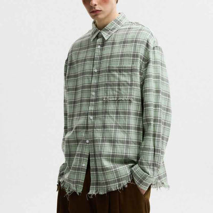 American-style Plaid Shirt With Raw Edges For Men null
