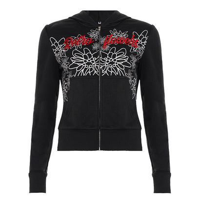 American Retro Street-Style Graffiti Letter Print Hoodie Black All Products