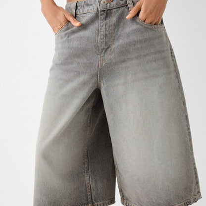 Low Waist Loose Denim Cropped Pants Grey MuddyStock