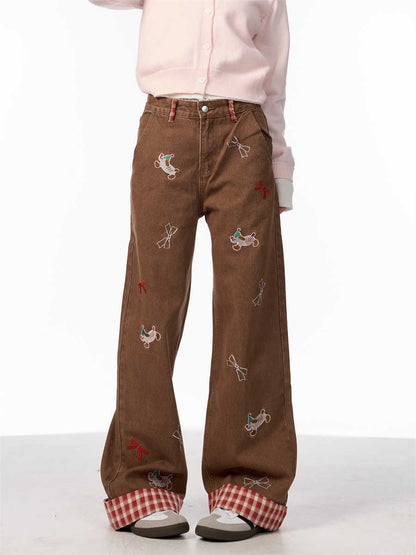 Vintage Bow Puppy Embroidered Wide Leg High Waist Jeans For Women MuddyStock