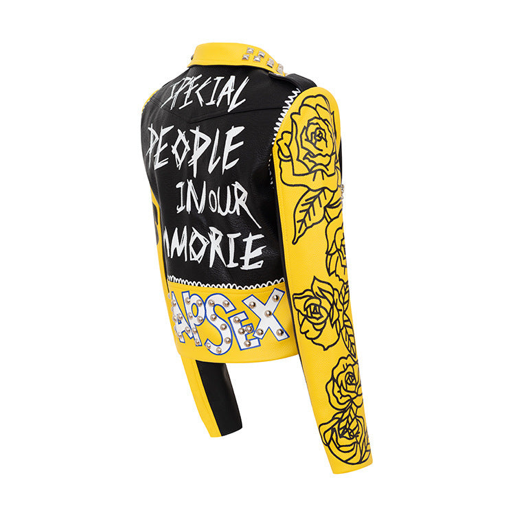 Graffiti Print Motorcycle Leather Jacket For Women