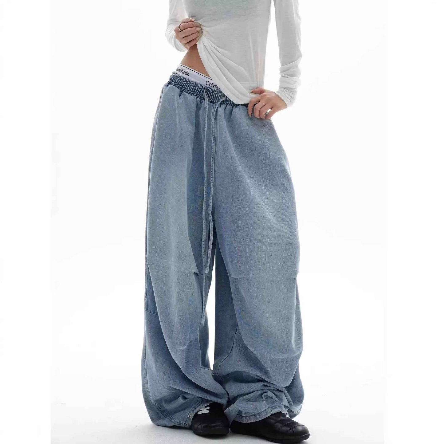 Street Style Pleated Elastic Waist Wide Leg Jeans | MuddyStock Originals