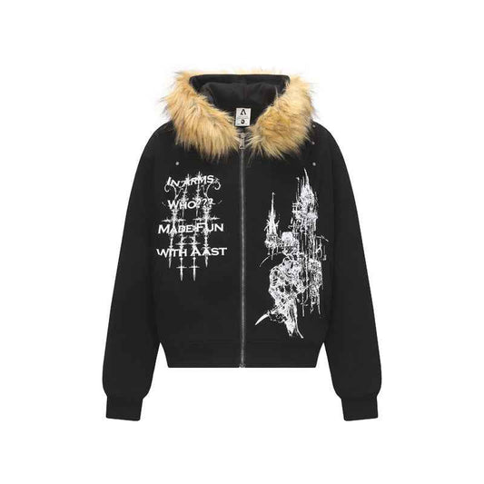 High Street Gothic Style Printed Fur Collar Hoodie for Men | MuddyStock Originals Black MuddyStock