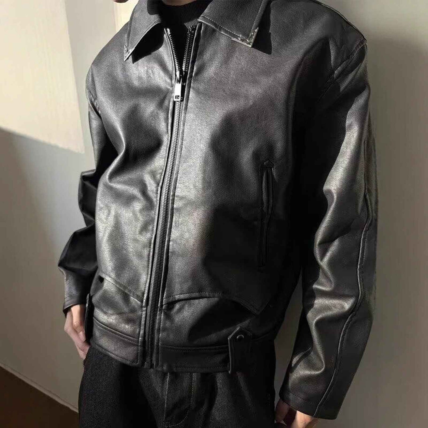 Retro Cracked Texture Black Lapel Leather Jacket For Men MuddyStock