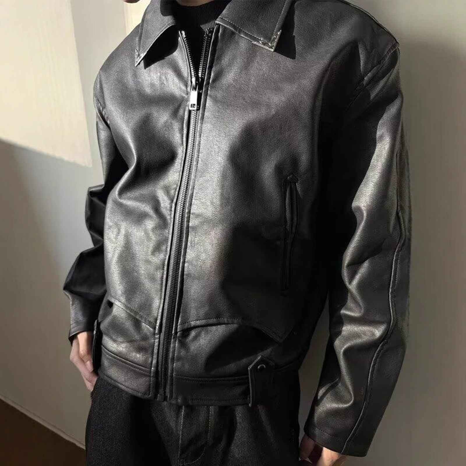 Retro Cracked Texture Black Lapel Leather Jacket For Men MuddyStock