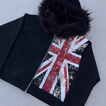 Fur Collar Printed Zipper Hoodie For Men And Women MuddyStock
