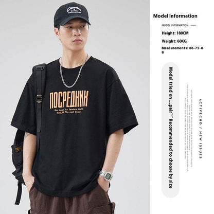 Letter Printed T-shirt Japanese Loose Cotton Half Sleeve T shirt Black MuddyStock