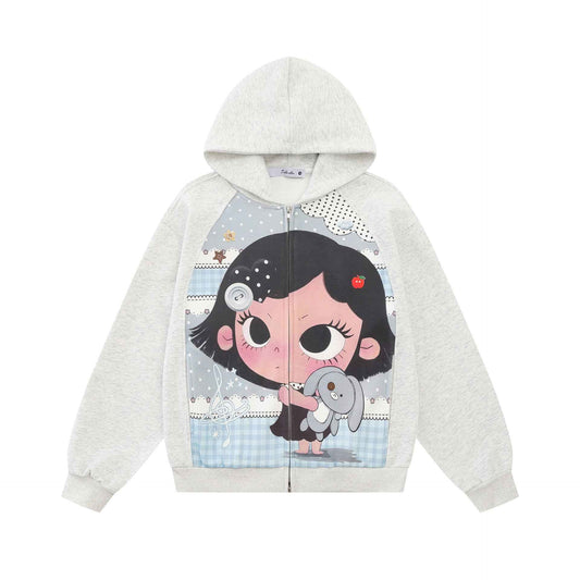 Cute Cartoon Graphic Color Block Raglan Sleeve Loose Hoodie For Women | MuddyStock Originals Gray