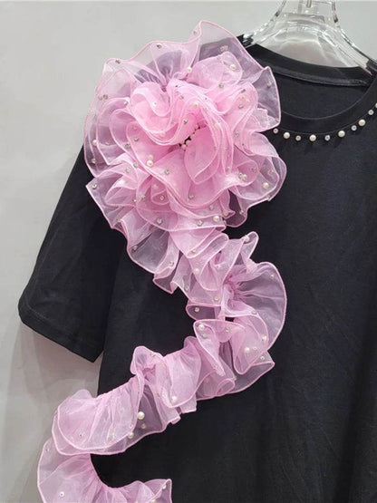 Women's T-shirt Rivet Collar Irregular Pleated Pink Mesh Flowers | MuddyStock Originals MuddyStock