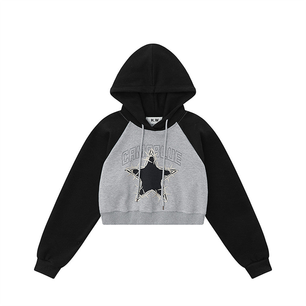 Star Embroidery Cropped Hoodie Loose Color-blocked Raglan Sleeve Pullover Hoodie