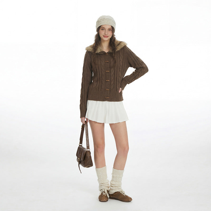 Fitted Slimming Stylish Knit Jacket with Fur Collar For Women | MuddyStock Originals