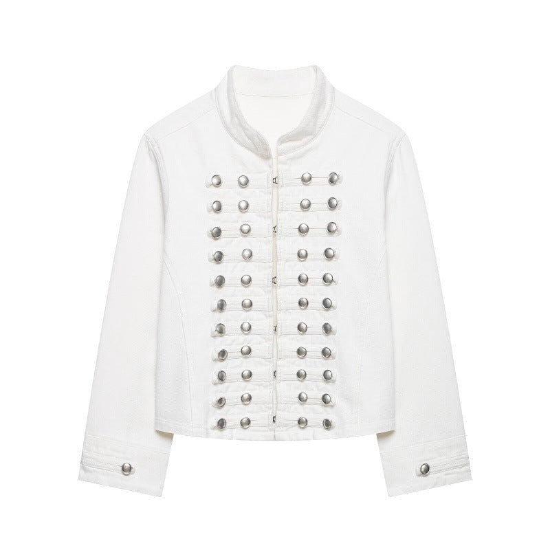 Fashionable Buttoned Round-neck Denim Jacket For Women White All Products