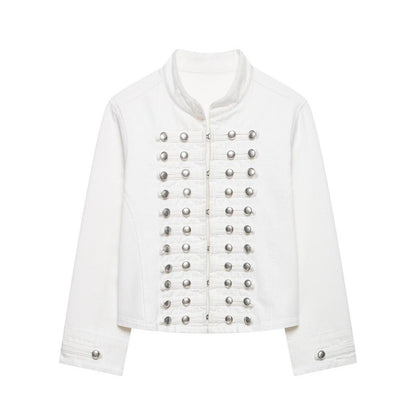 Fashionable Buttoned Round-neck Denim Jacket For Women White All Products