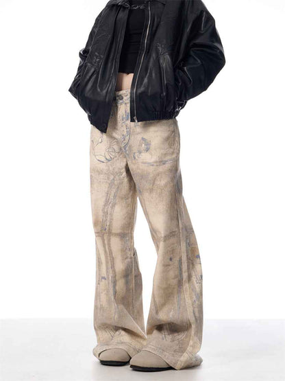 Retro Full Printed Washed Jeans For Men And Women MuddyStock