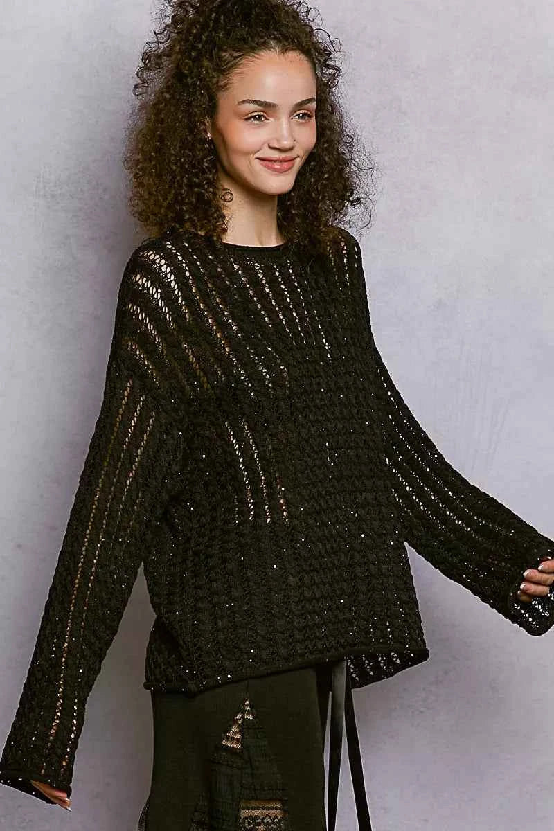 Openwork Round Neck Knit Top with Shiny Detail For Women Trendsi
