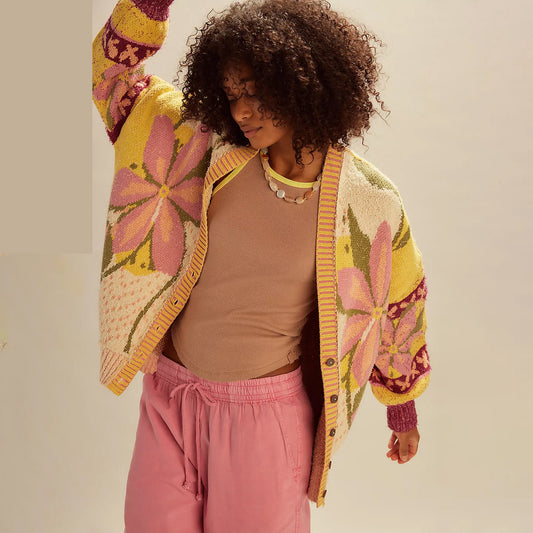 Fashion Abstract Print Lapel Loose Long Sleeve Women's Sweater Knitwear