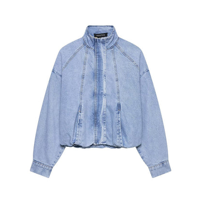 European And American-style Stand-collar Denim Bomber Jacket For Women Blue All Products
