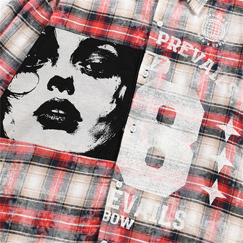 Men's Vintage Dark Portrait Plaid Long Sleeve Shirt Casual Loose Streetwear Style
