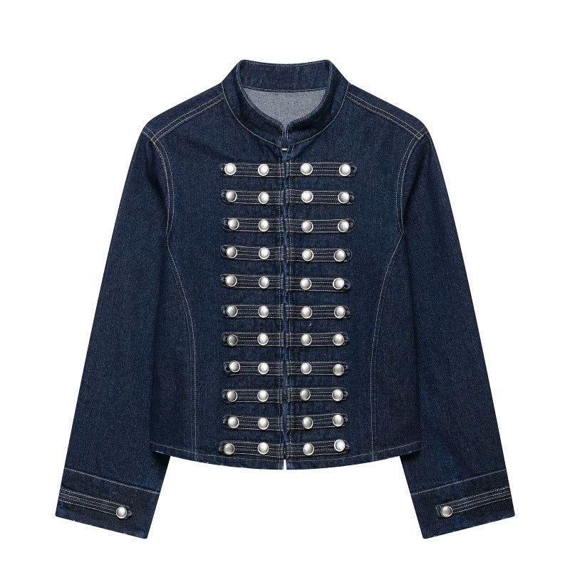Fashionable Buttoned Round-neck Denim Jacket For Women Dark Blue All Products