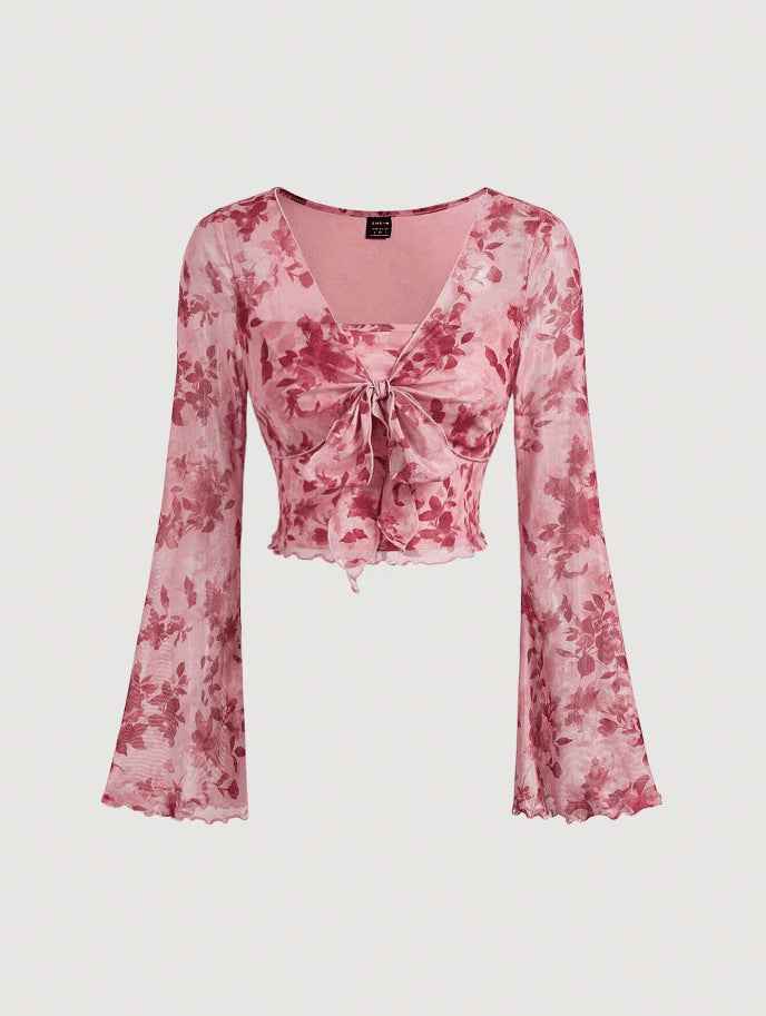 V-neck Lace Up Printed Long Sleeve Slim Women Top Pink MuddyStock