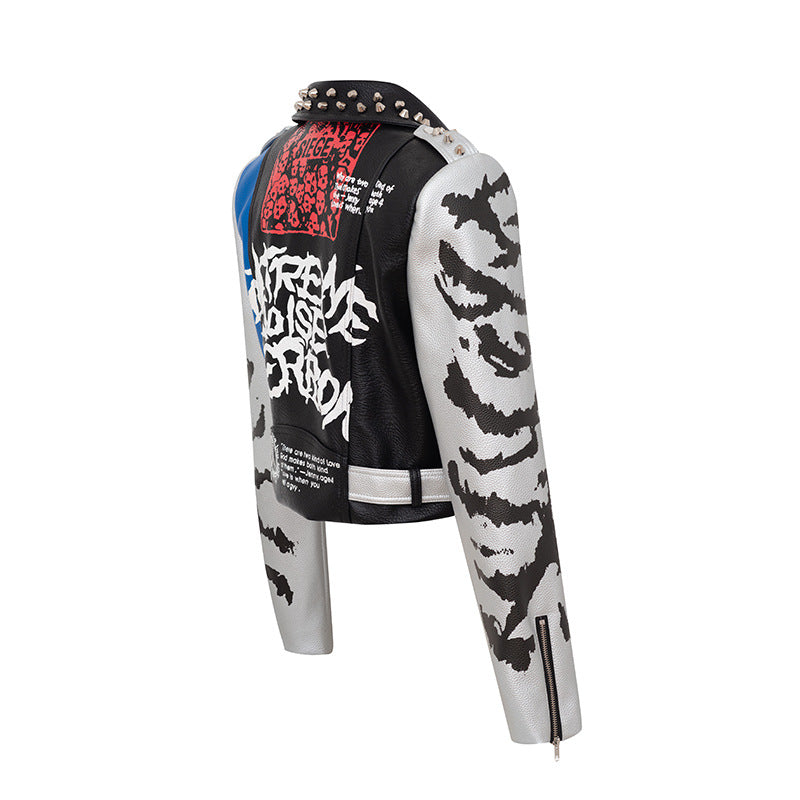 Graffiti Print Slim Motorcycle Leather Jacket For Women