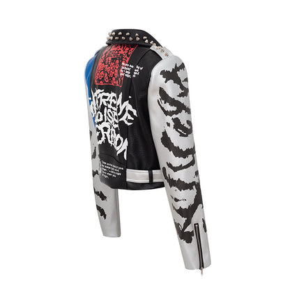 Graffiti Print Slim Motorcycle Leather Jacket For Women