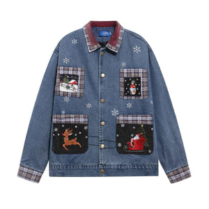 Style Vintage Washed Patchwork Cartoon Embroidery Denim Jacket for Men and Women | MuddyStock Originals Denim Blue