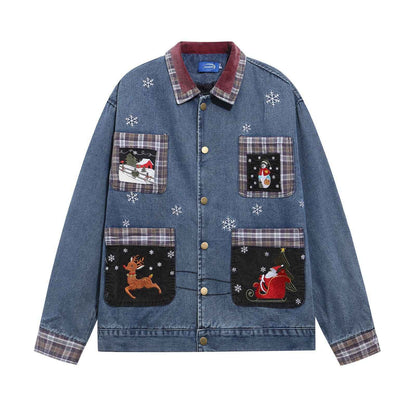 Style Vintage Washed Patchwork Cartoon Embroidery Denim Jacket for Men and Women | MuddyStock Originals Denim Blue MuddyStock