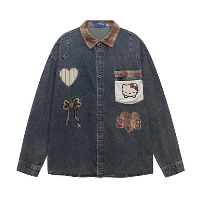 Retro Cartoon Embroidery Denim Long Sleeve Shirt For Women | MuddyStock Originals Denim Blue MuddyStock
