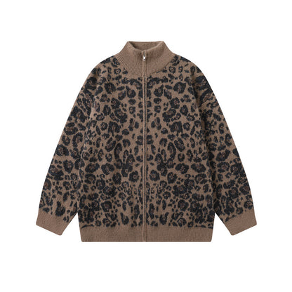 Leopard print stand up collar cardigan men's and women's knitted jacket Coffee Brown