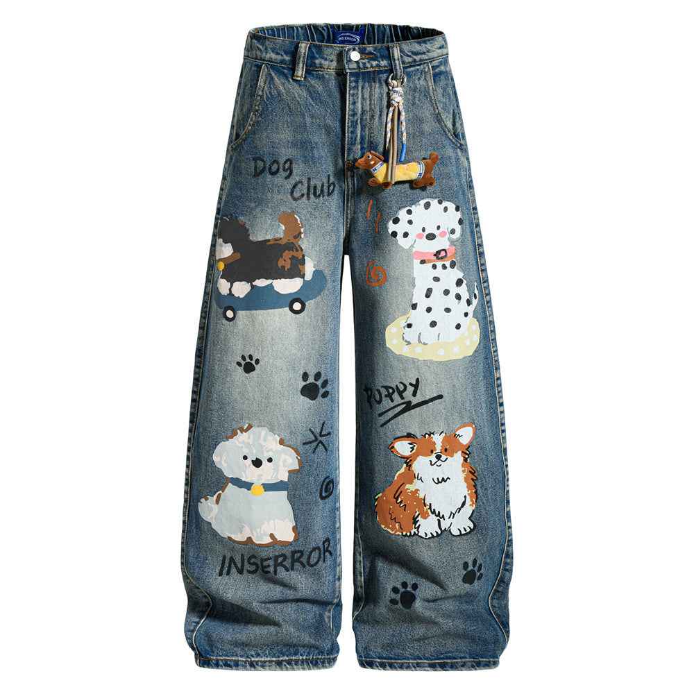 Striped letter cartoon full print denim wide leg pants for women | MuddyStock Originals Blue