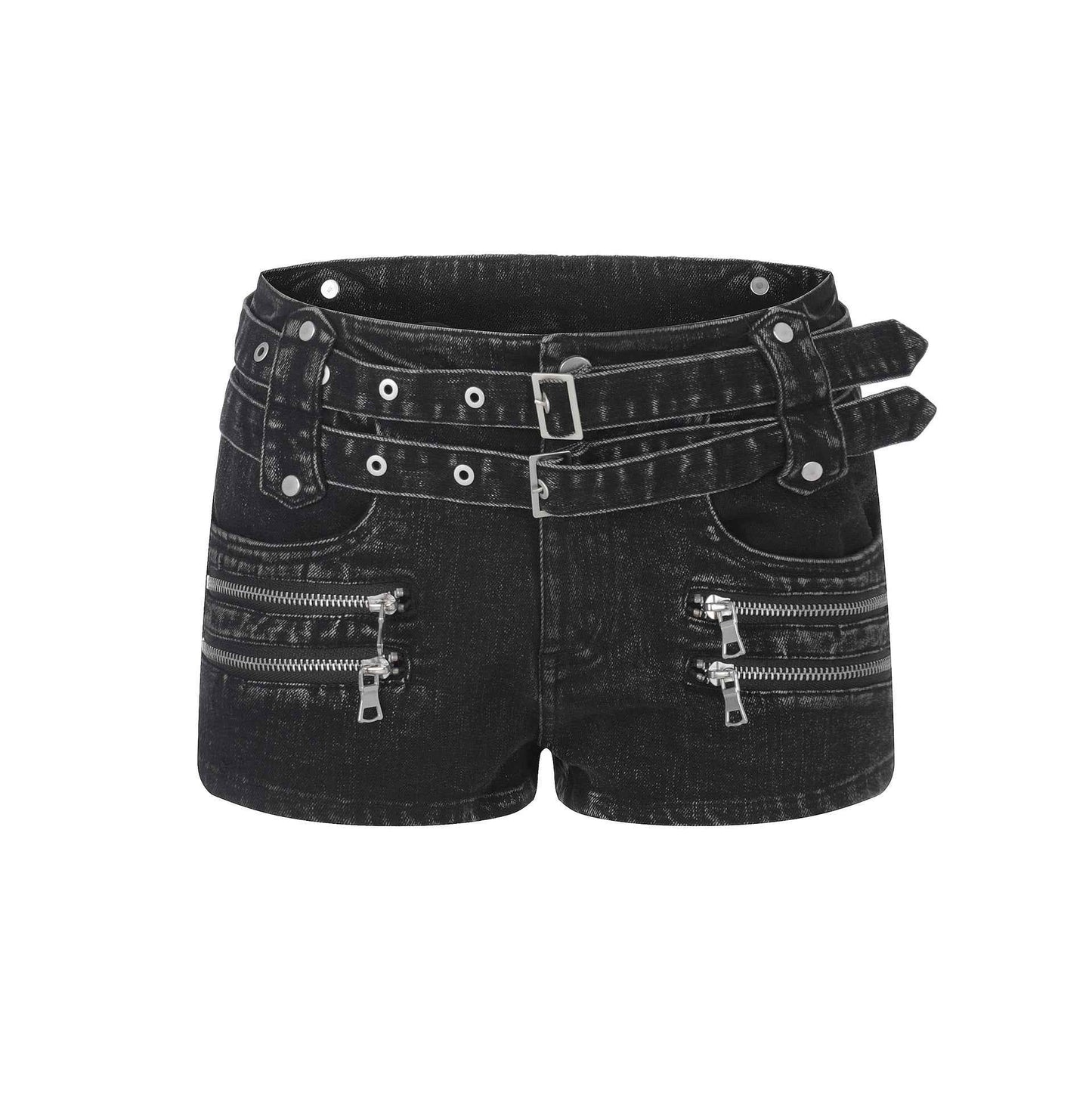 Double Belt Zipper Design Low Waist Denim Shorts For Women | MuddyStock Originals Black