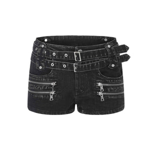 Double Belt Zipper Design Low Waist Denim Shorts For Women | MuddyStock Originals Black