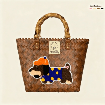 Large capacity sausage dog hand woven cabbage basket bag Bamboo Joint - Vintage Brown Bobo Dog