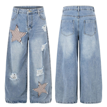 Star Patch Washed Blue Wide Leg Casual Versatile Straight Leg Jeans For Women | MuddyStock Originals