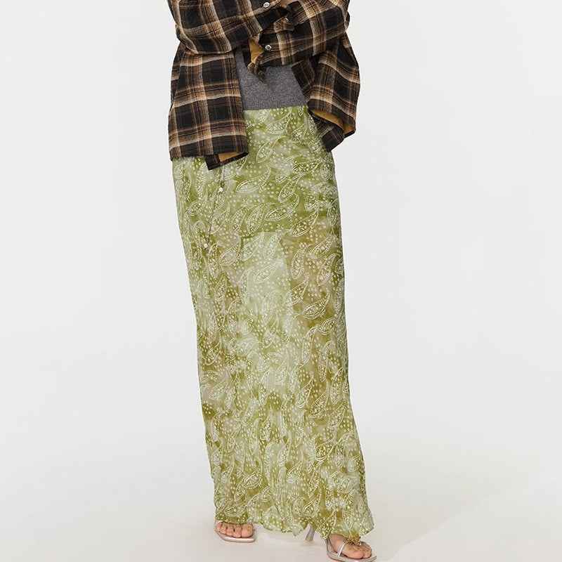 Floating Green Ink Washed Paisley Long Dress Women's Outfit | MuddyStock Originals