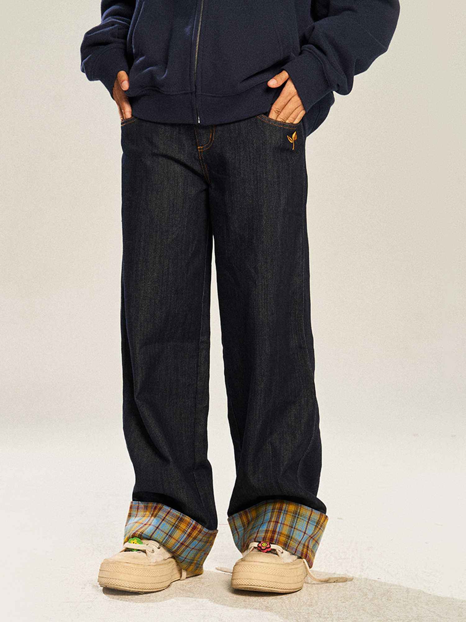 Retro Plaid Casual Straight-leg Wide Leg Jeans For Women MuddyStock