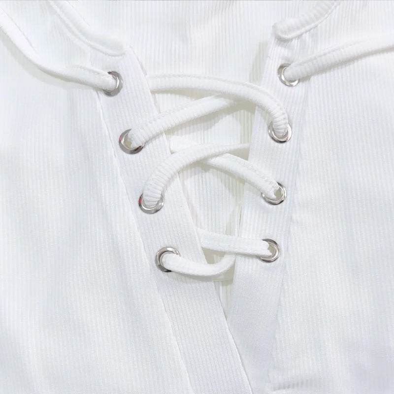 Women's V-neck Cut Shoulder Drawstring Tie Up T-shirt MuddyStock