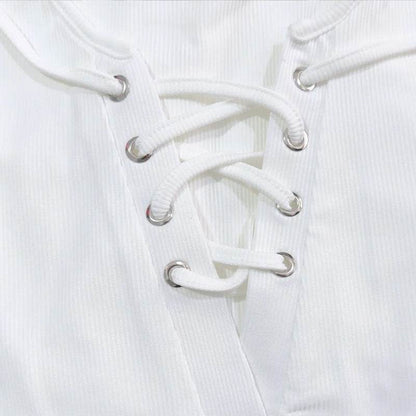 Women's V-neck Cut Shoulder Drawstring Tie Up T-shirt MuddyStock