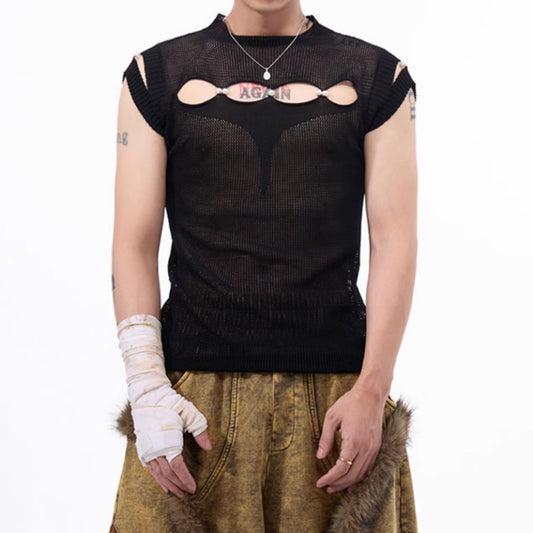 Dark Hollow-out Sleeveless T-shirt For Men Black
