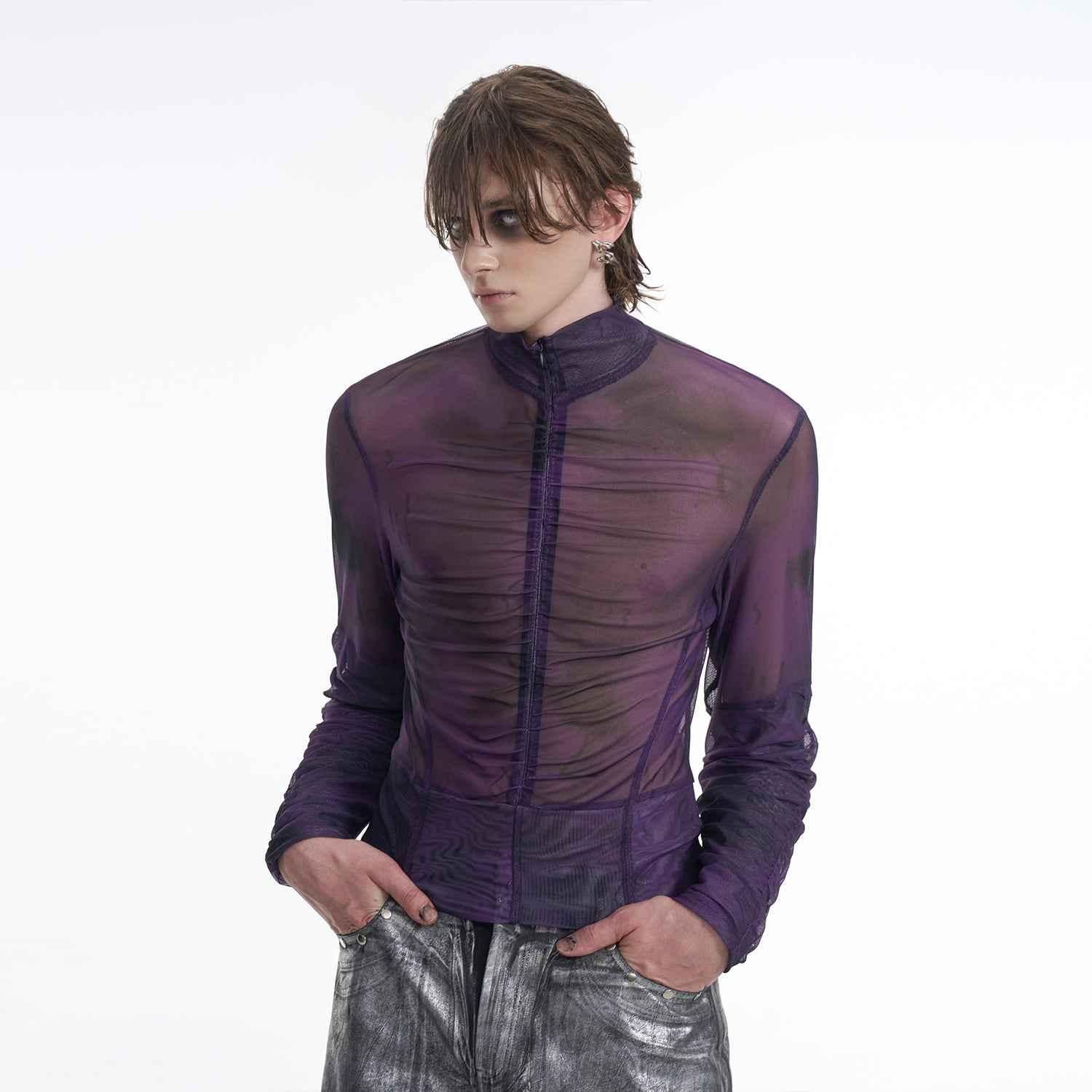 Half Turtleneck Mesh Zipper Bottoming Shirt For Men null