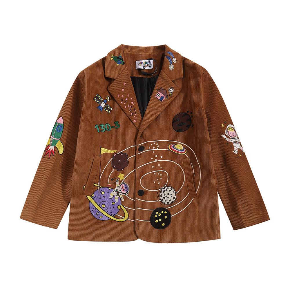 Corduroy Baggy Coat Cartoon Embroidered For Women Brown All Products