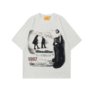 Dark High Street Rock Figure Print Short Sleeve Oversize T-Shirt For Men And Women | MuddyStock Originals Old Flower Gray